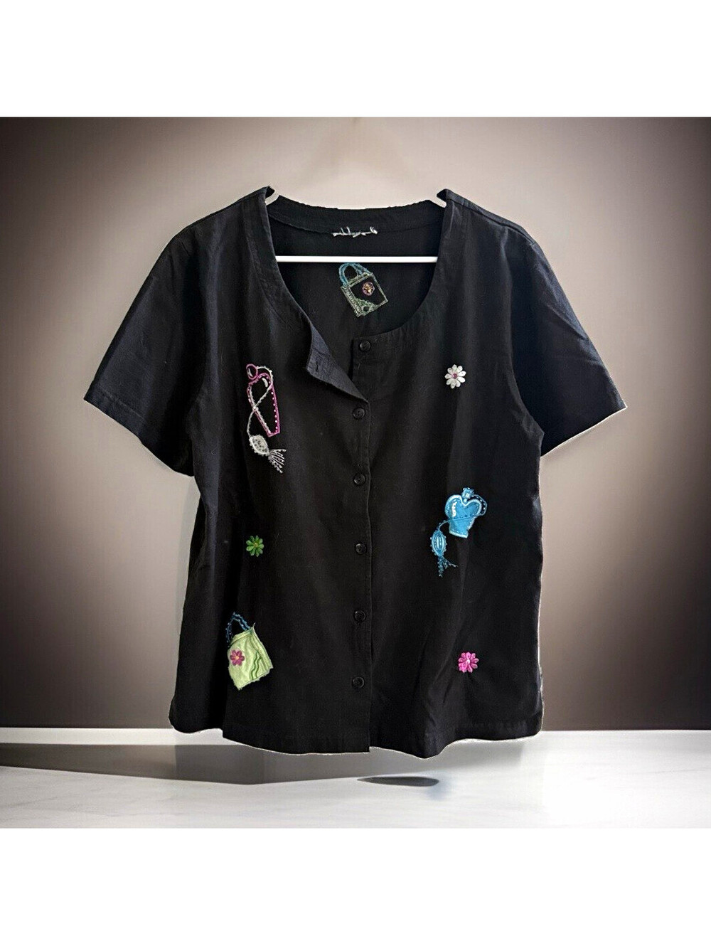 Vintage Y2K Womens Large Black Button Shirt Beaded Purse Applique Whimsical
